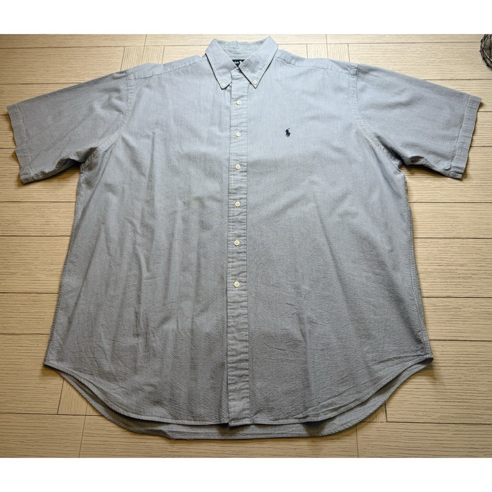 Ralph Lauren Blake Seersucker Button Down SS Shirt Men‎ XL Navy Blue Pony Cotton